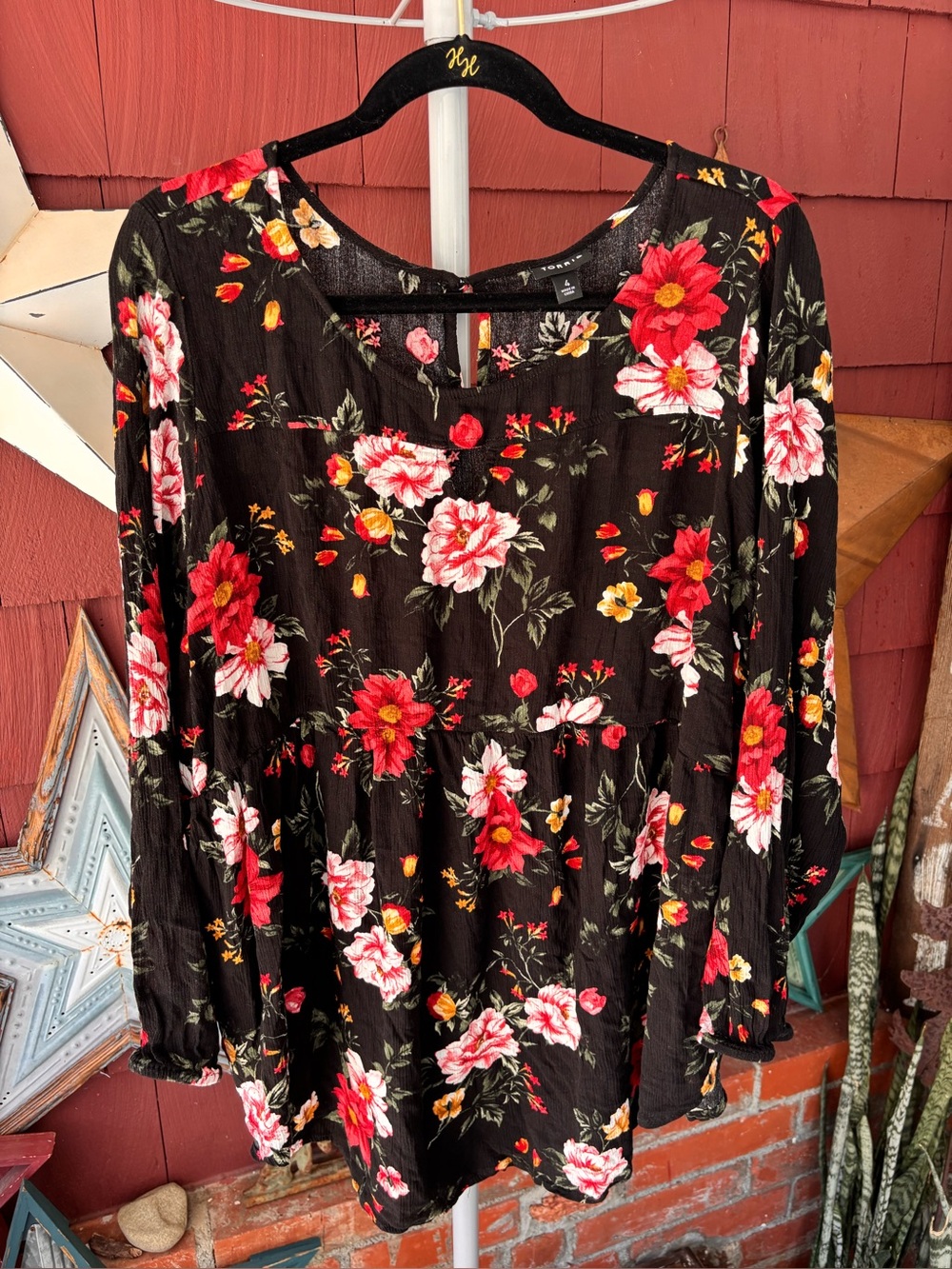 Torrid Shirt Blouse Long Sleeve Top Black Floral Boho Women’s Plus Size 4